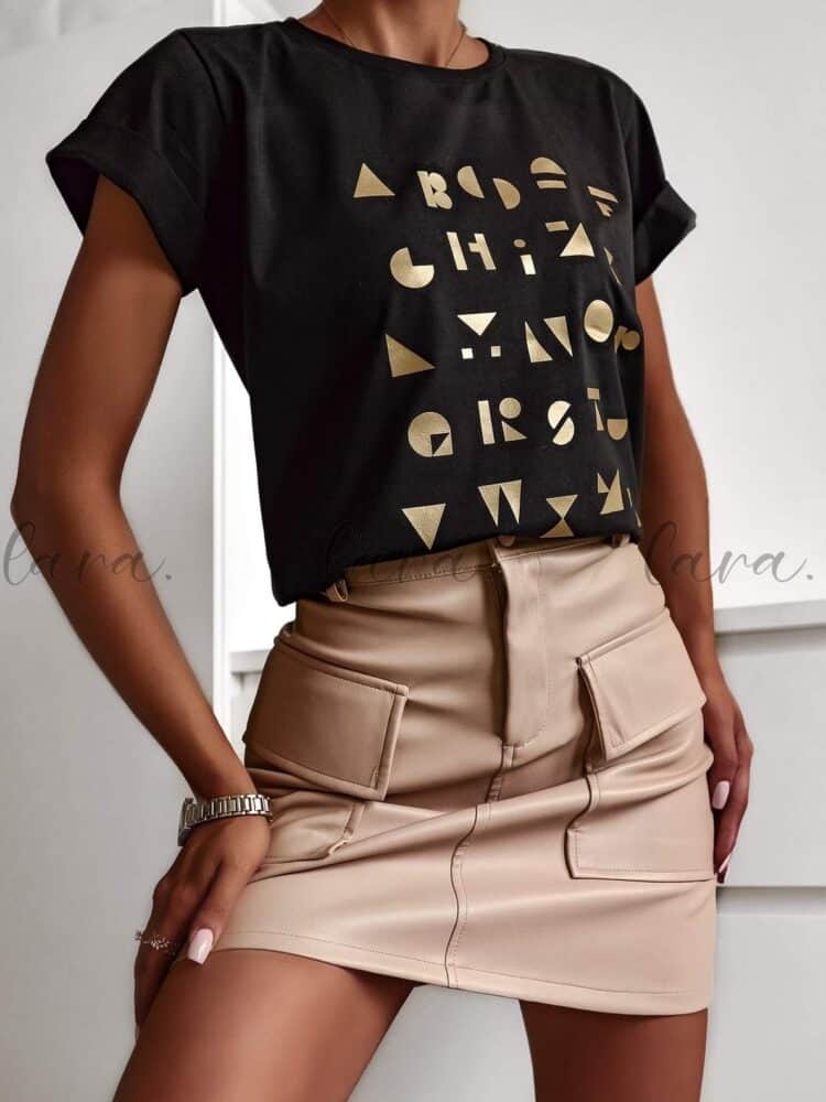T Shirt złote literki biały czarny