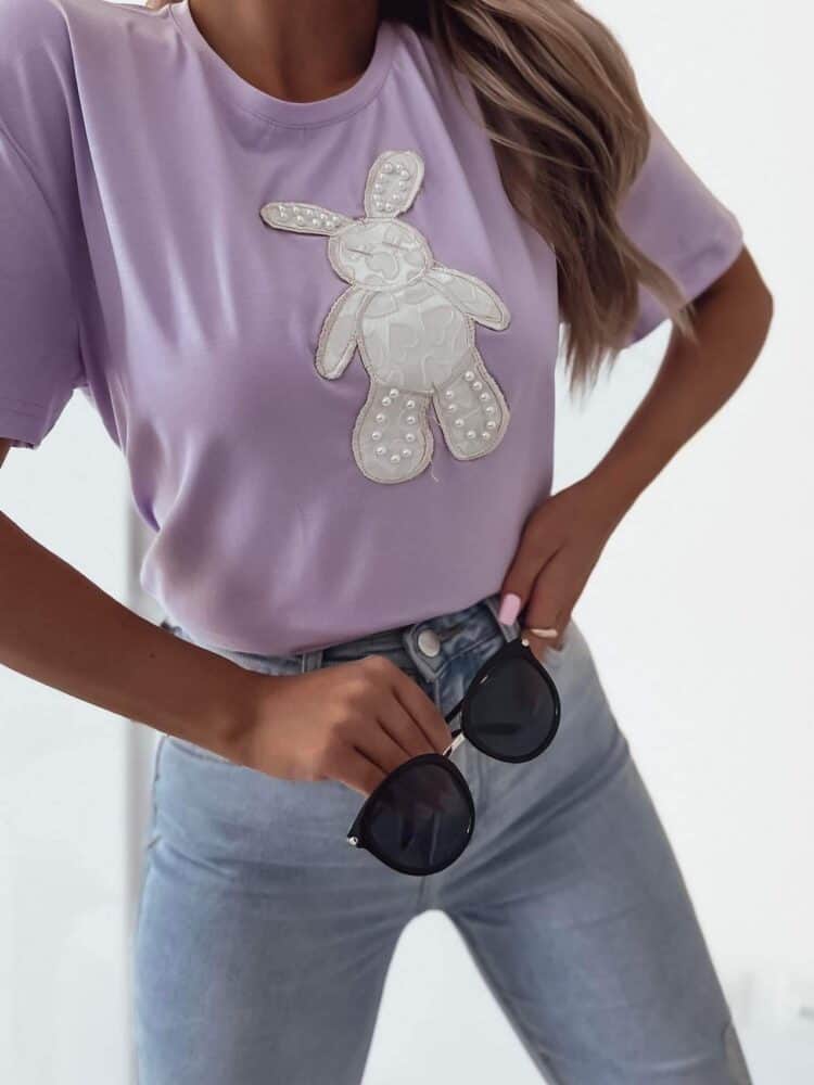 T-shirt with embellished rabbit blue beige lilac