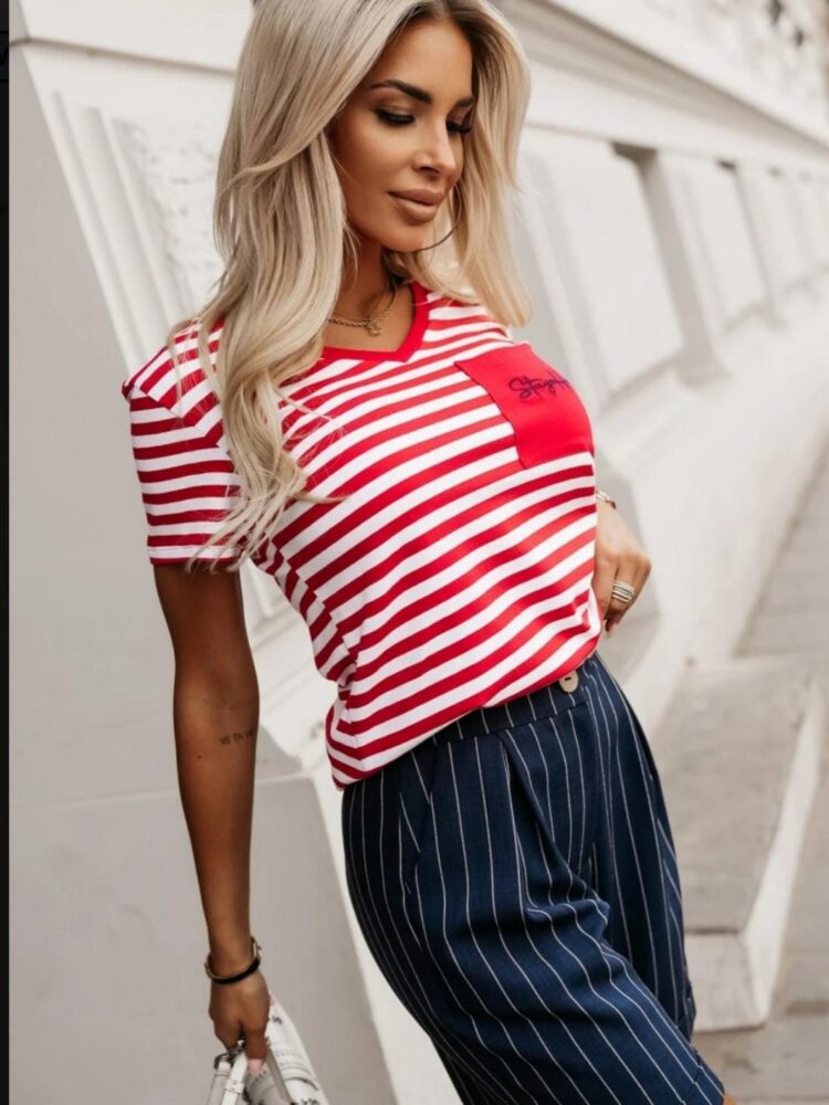 Striped blouse with pocket, pointed neckline