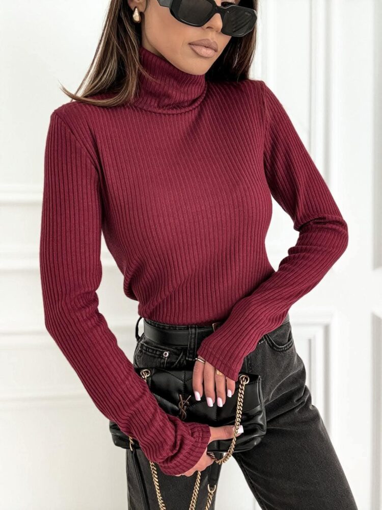 Knitted ribbed turtleneck black maroon